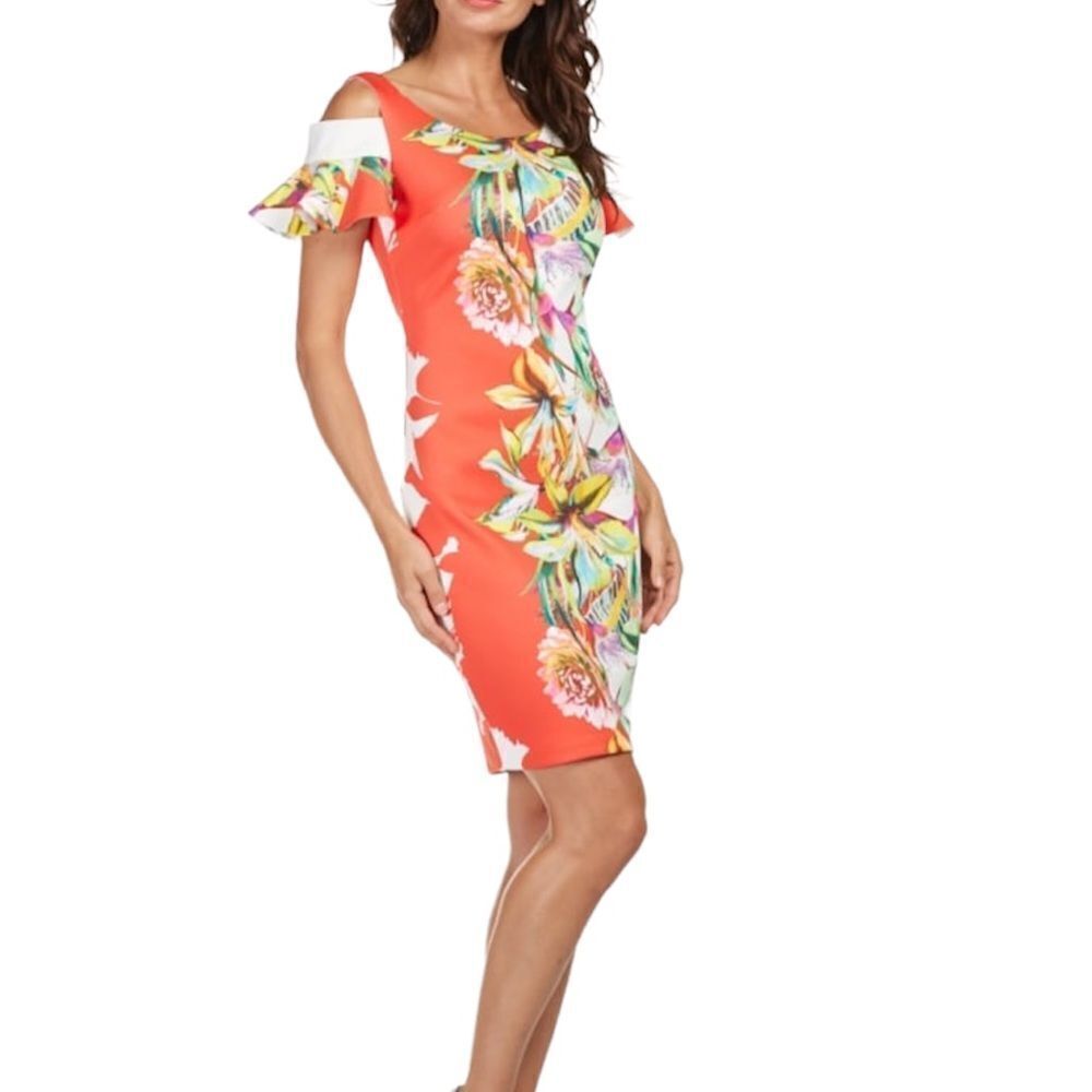 Frank Layman Designs Floral Print Flare Sleeve Cold Shoulder Mini Dress